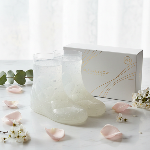 Simply Beautiful Baby Soft Exfoliating Foot Peel booties and box on marble