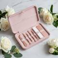 Simply Beautiful Luxury Pedicure Set rose gold tools in pink velvet case on marble