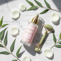 Simply Beautiful Balancing Rose Facial Toner frosted glass mist bottle on marble
