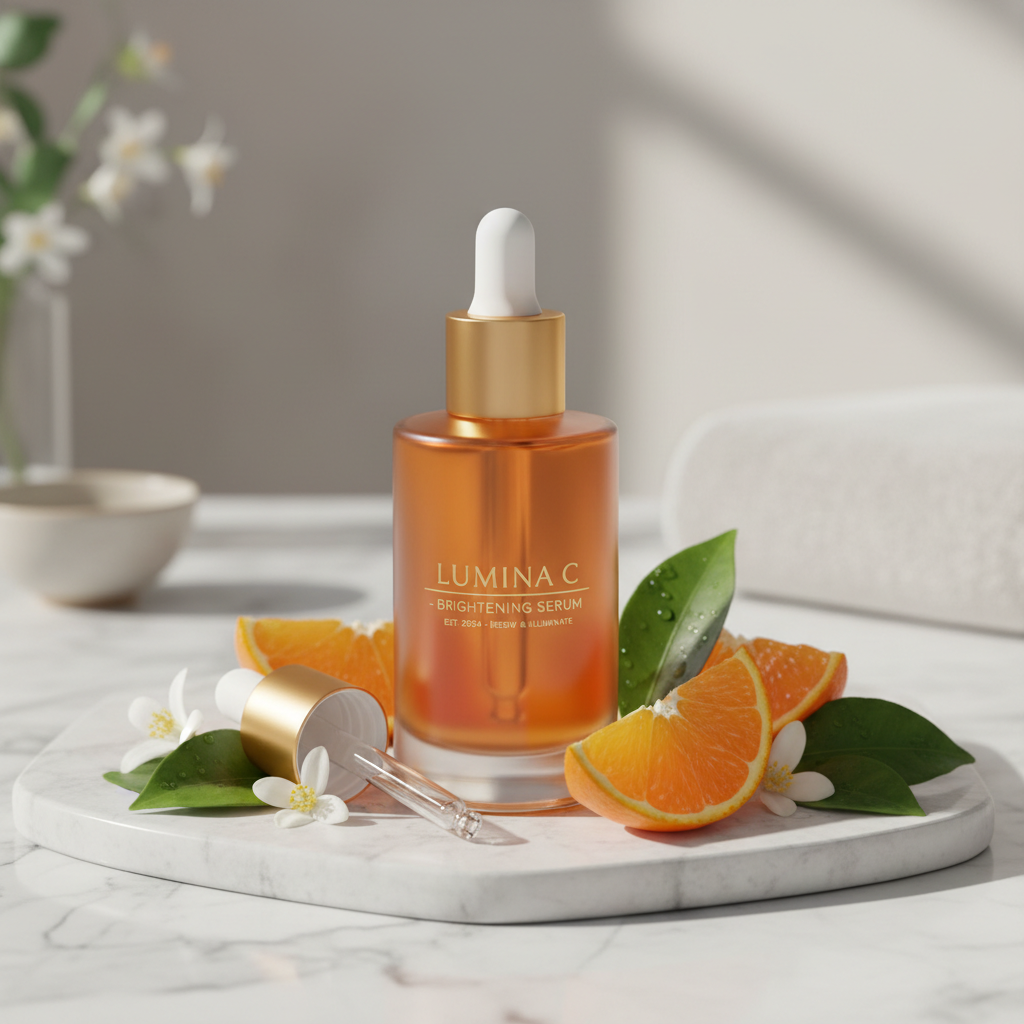 Simply Beautiful Vitamin C Brightening Face Serum with orange slices on marble