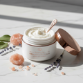 Simply Beautiful Softening Foot Exfoliating Scrub jar with himalayan salt and lavender on marble